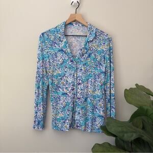 Lilly Pulitzer Button Down Pajama Top Collared Monkey Pattern Preppy Long Sleeve